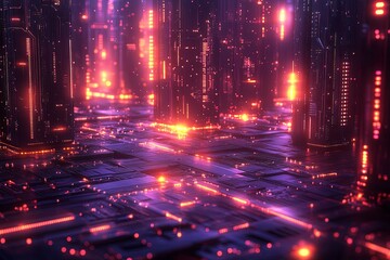 Futuristic cityscape depicted with vibrant lights and intricate technological details