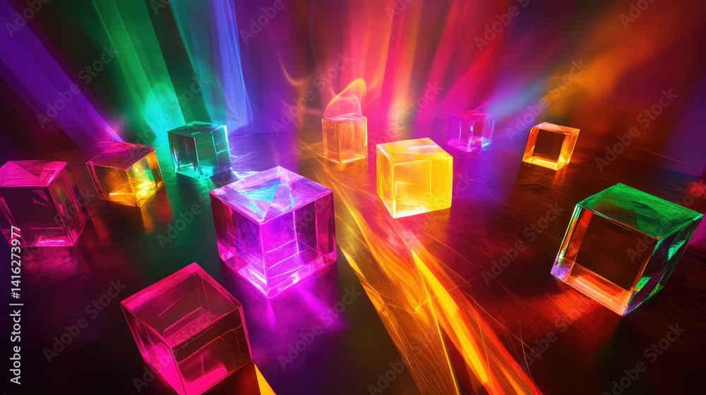 Poster vivid colorful light reflections on transparent cubes creating an abstract art installation with vib