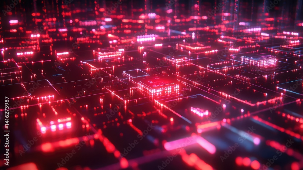 Poster abstract digital background with glowing red lights and intricate network patterns representing tech