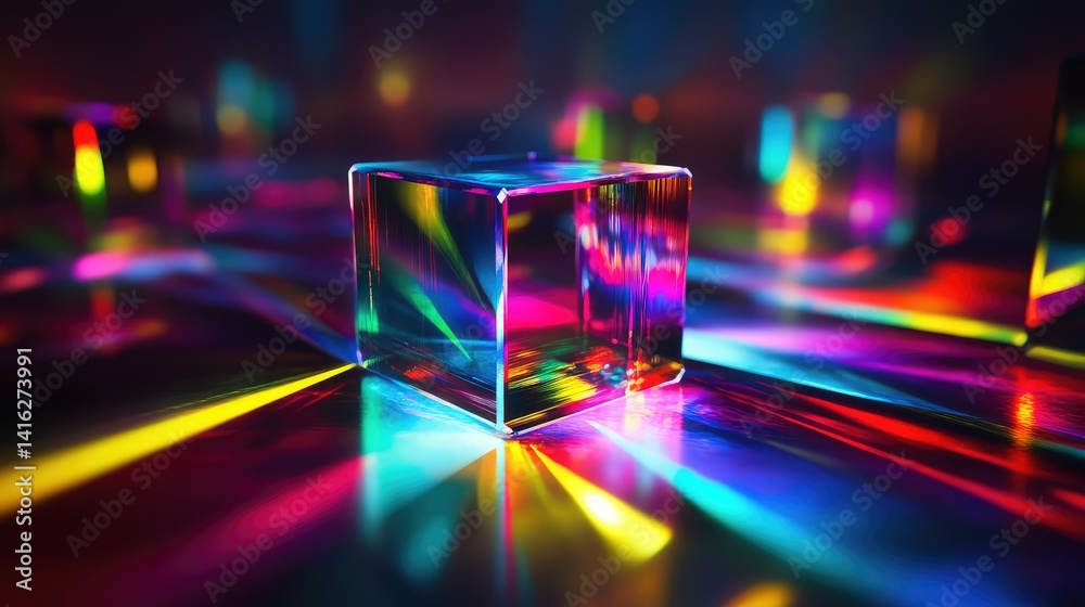 Poster vibrant light reflections and colorful patterns created by transparent cube on glossy surface in art