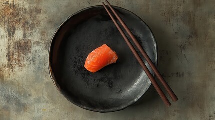 Raw Salmon Sushi on Black Plate with Chopsticks