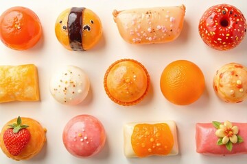 Fototapeta premium Colorful assortment of Japanese sweets on white, photo, white