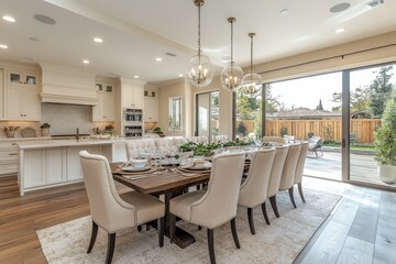 Elegant dining room with dark wood floors, white cabinets, light tan walls, and large windows showcasing backyard deck.