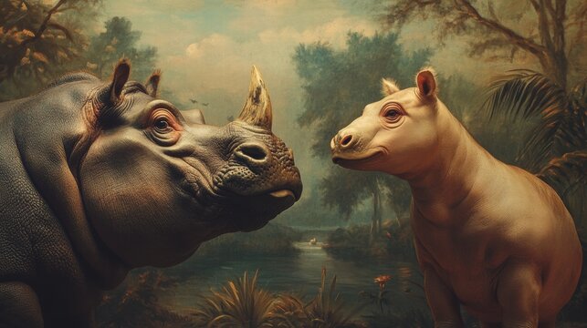 Rhinoceros Duo  Adult   Baby Rhino in Artistic Landscape Painting