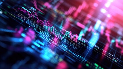 Abstract close-up of glowing pink and blue lines visualizing dynamic stock market data on a digital screen against a dark backdrop in modern finance