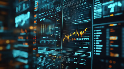 Obraz premium Digital screen showing Bitcoin and trading charts representing cryptocurrency market analysis