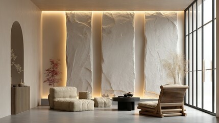 Modern, minimalist zen-like lounge area with textured wall panels.