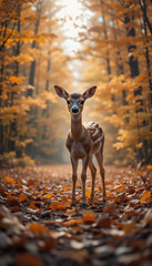 Fawn stands calmly autumn forest path warm sunlight. AI Generated