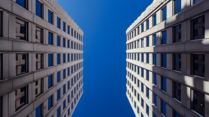 Two tall buildings with a blue sky in the background. The sky is clear and bright, and the buildings are very tall