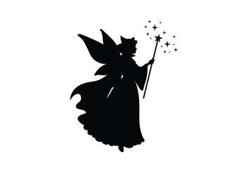 Fairy godmother silhouette. This image shows a fairy godmother holding a wand with stars and sparkles, adorned with wings and a flowing gown. Vector clipart black illustration design.