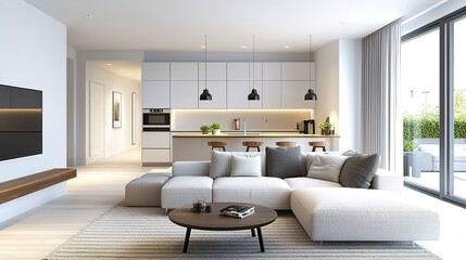 Fototapeta premium Modern cozy open living room in chic home bright interior design relaxed atmosphere inviting space