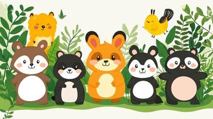 Naklejka premium Adorable woodland creature pixel art forest scene captivating cartoon animal illustration creating a charming children's illustration with a cute animal family portrait