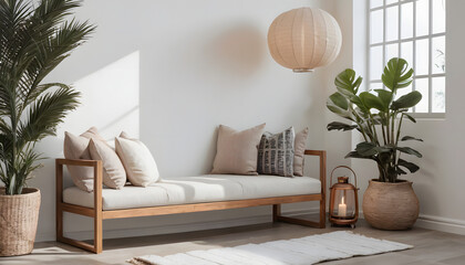 japandi style reading nook with wooden bench, soft cushions, paper lantern, large indoor plant, white walls, clean minimalist harmony, natural lighting, peaceful corner space