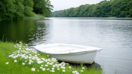 Tranquil lake scene with white boat