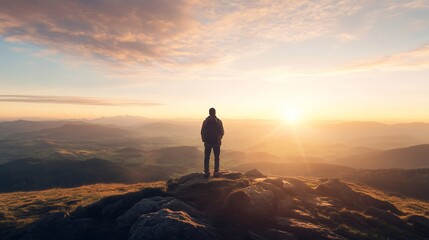 Fototapeta premium A silhouette of a man on a mountain peak at sunrise, contemplating landscape