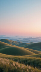 Serene sunrise paints rolling hills soft pastels peaceful landscape. AI Generated