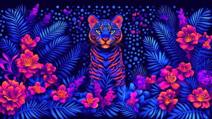 Vibrant glowing jungle scene a tiger with electric blue foliage a neon flower garden captivating artwork for modern interiors or artistic projects