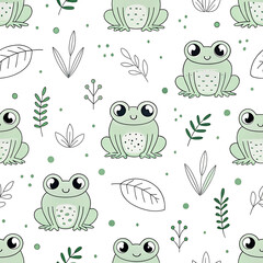 Fototapeta premium Playful Clipart of a Frog Pattern Across Canvas, Nature-Themed, Colorful Illustration, Whimsical Environment