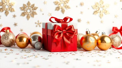 A beautifully wrapped Christmas gift sits among festive ornaments, set against a backdrop of shimmering snowflakes, conveying holiday joy.