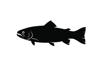 Trout silhouette. This image shows a trout fish, also referred to as a freshwater species or aquatic animal, with streamlined fins and an elegant body shape. Vector clipart black illustration design.