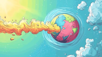 Naklejka premium Colorful Illustration of Earth Surrounded by Vibrant Flames and Clouds Under a Bright Sun in a Whimsical Style