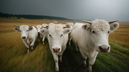 beautiful cows leisurely standing in a green open field,stock photo