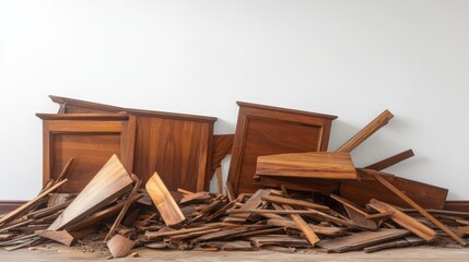 Demolition debris: damaged furniture and wood scraps against white background 