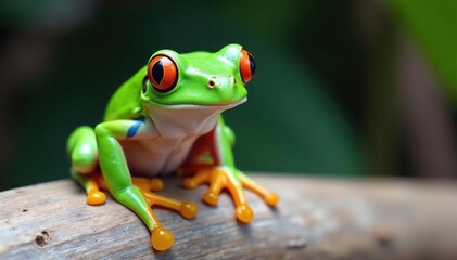 Green tree frog perched on white, vibrant colors, legs, illustration