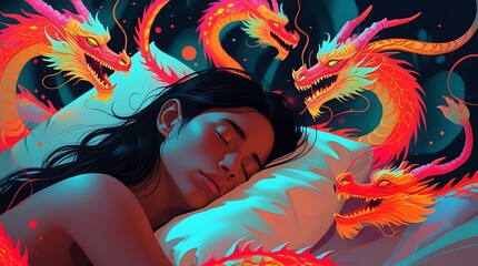 Surreal fantasy artwork of a sleeping man surrounded by vivid red dragons, illustrating an intense dream world blending imagination, mythology, and symbolism in a magical scene

