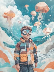 Child gazing at jellyfish, layered landscape