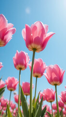 Obraz premium Bright Pink Tulips Bloom Under Sunny Sky. AI Generated