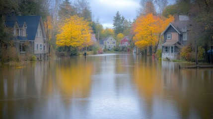 Fototapeta premium Flooded street during autumn: homes reflected in water fall foliage natural disaster aftermath 