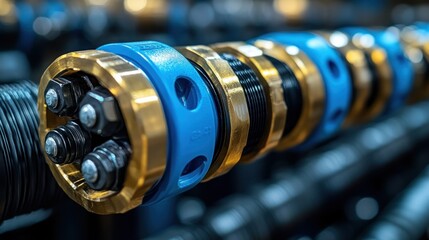 Obraz premium Close-up of industrial pipe connectors showcasing intricate details of brass and blue plastic components. Highlighting precision engineering and industrial design.
