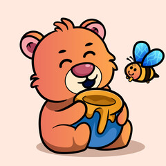 Cute Bear Eat Sweet Honey Bee Cartoon Illustration. Animal Nature Icon Concept Isolated Flat Cartoon Style for coloring page or education kids