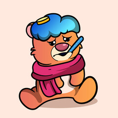 Sad Bear Fever Feeling Sick Cartoon Illustration. Animal Nature Icon Concept Isolated Flat Cartoon Style for coloring page or education kids