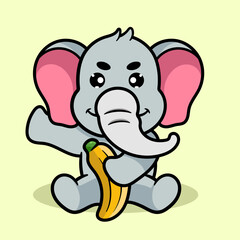 Cute Elephant Holding Banana Cartoon Illustration. Animal Nature Icon Concept Isolated Flat Cartoon Style for coloring page or education kids