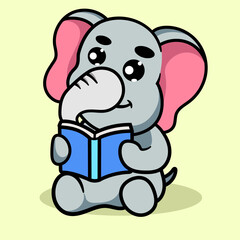 Cute Elephant Reading Book Cartoon Illustration. Animal Nature Icon Concept Isolated Flat Cartoon Style for coloring page or education kids