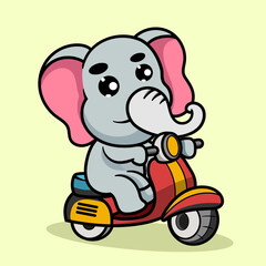 Cute Elephant Riding Scooter motorcycle Cartoon Illustration. Animal Nature Icon Concept Isolated Flat Cartoon Style for coloring page or education kids