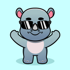 Cute Rhino use black eye Sunglasses Cartoon Illustration. Animal Nature Icon Concept Isolated Flat Cartoon Style for coloring page or education kids