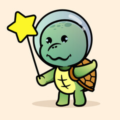 Cute Turtle Astrounaut with Balloon Star Cartoon Illustration. Animal Nature Icon Concept Isolated Flat Cartoon Style for coloring page or education kids