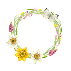 Delicate spring floral wreath with daffodils and muscari, greenery and butterfly. Watercolor frame with space for text, for print, postcard, tag, gift wrapping.