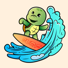 Cute Turtle Surfing beach Cartoon Illustration. Animal Nature Icon Concept Isolated Flat Cartoon Style for coloring page or education kids