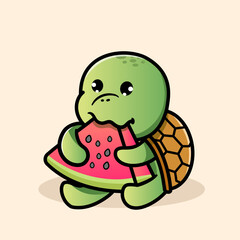 Cute Turtle Eating watermelon Cartoon Illustration. Animal Nature Icon Concept Isolated Flat Cartoon Style for coloring page or education kids