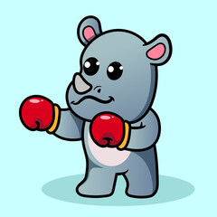 Cute Rhino Sport Exercise boxing Cartoon Illustration. Animal Nature Icon Concept Isolated Flat Cartoon Style for coloring page or education kids