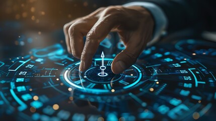 Time management concept. Businessman touches time management icon on virtual screen. Work planning for increases efficiency and reduces work time. Business project planning
