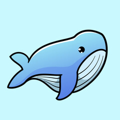 Cute Cartoon Blue Whale Swimming in a sea Illustration. Animal Nature Icon Concept Isolated Flat  Style for coloring page or education kids