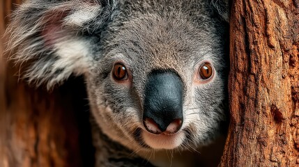 Obraz premium close up of a curious koala clinging to a tree trunk,stock image
