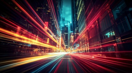 Night cityscape with car light streaks: urban traffic and motion blur background 