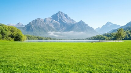 Fototapeta premium Pristine lake nestled in a valley, with lush green meadow and majestic mountains rising beyond. Tranquil morning scenery