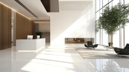Modern and Minimalist Interior Design of a Spacious Reception Area with Natural Light, Elegant Furnishings and Verdant Plants for Fresh Atmosphere